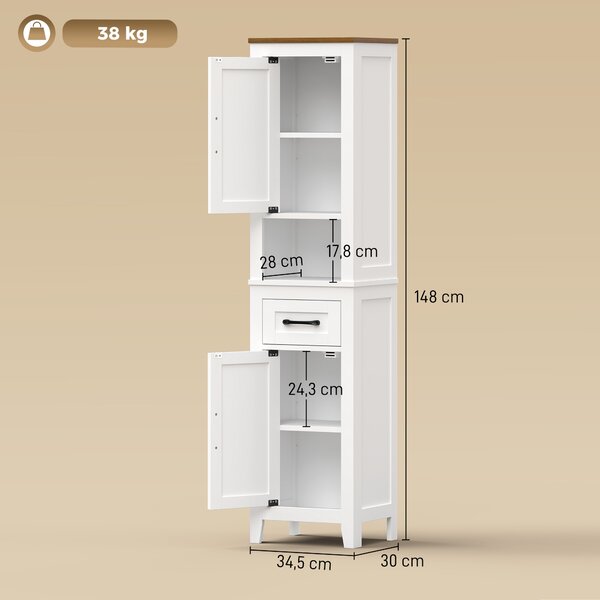 HOMCOM Armadio bagno alto e stretto con cassetto e ripiani regolabili, bianco | Aosom Italy