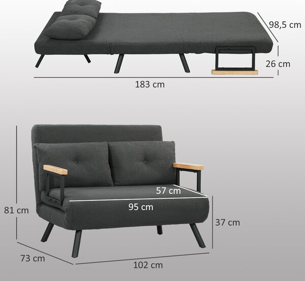 HOMCOM Divano letto 2 posti effetto sherpa con 2 cuscini, naturale, grigio scuro e nero | Aosom Italy