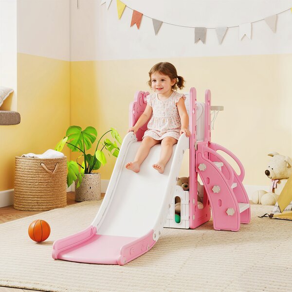 AIYAPLAY Scivolo 5 in 1 per bambini in HDPE con telescopio e canestro, rosa e bianco | Aosom Italy