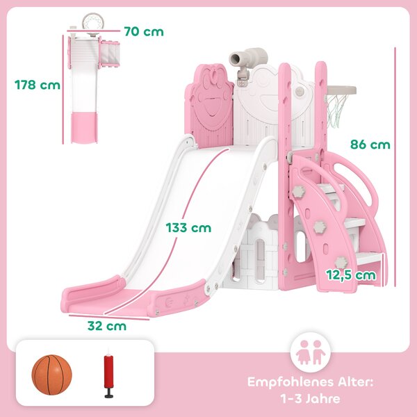 AIYAPLAY Scivolo 5 in 1 per bambini in HDPE con telescopio e canestro, rosa e bianco | Aosom Italy