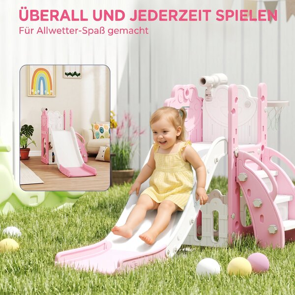 AIYAPLAY Scivolo 5 in 1 per bambini in HDPE con telescopio e canestro, rosa e bianco | Aosom Italy