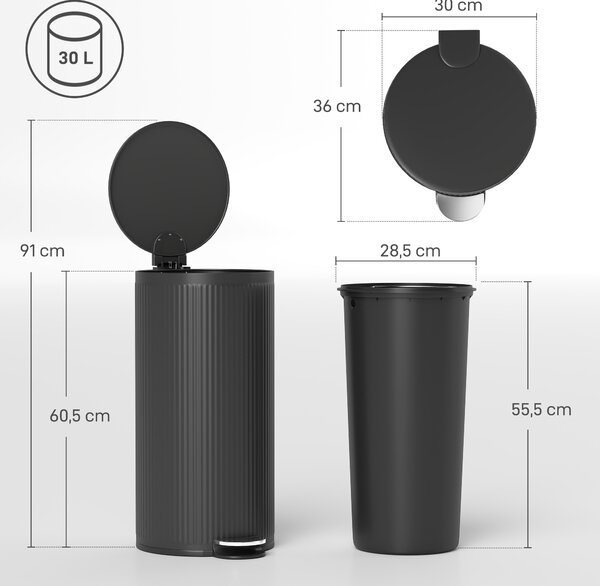 HOMCOM Pattumiera a pedale 30 L con coperchio soft-close e secchio interno, nero | Aosom Italy