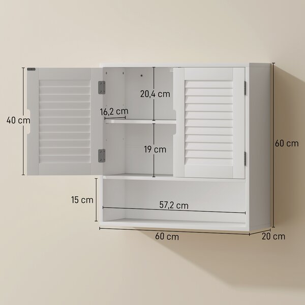 HOMCOM Armadietto da bagno a parete con anta a persiana e ripiano regolabile, 60x20x60 cm, bianco | Aosom Italy