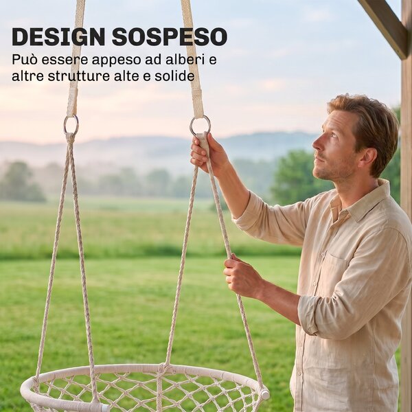 Outsunny Amaca Stile Boho Chic Sedia Sospesa Poliestere e Macramè, per Relax, 80x60x36cm - Crema|Aosom