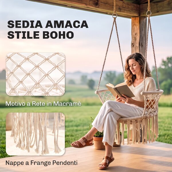 Outsunny Amaca Stile Boho Chic Sedia Sospesa Poliestere e Macramè, per Relax, 80x60x36cm - Crema|Aosom