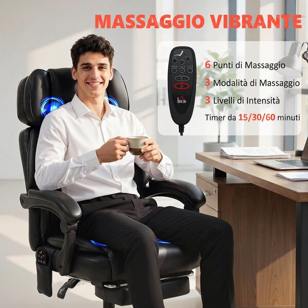 HOMCOM Sedia Ufficio Massaggiante 6 Punti Vibrante, Riscaldata e Poggiapiedi, in Pelle PU, Altezza Regolabile, Nero | Aosom Italy