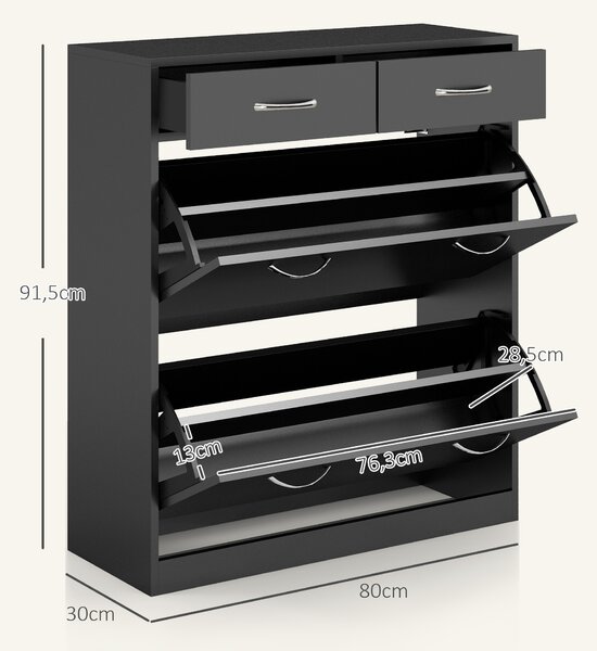 HOMCOM Mobile Scarpiera da 12 Paia con 2 Ripiani Interni Regolabili e 2 Cassetti, in Legno, 80x30x91.5 cm, Nero