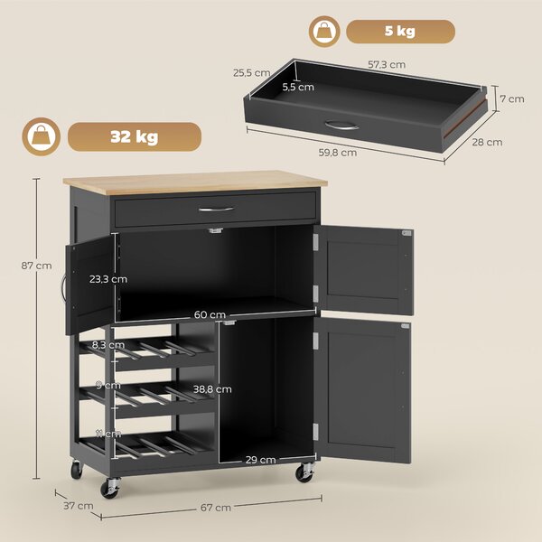 HOMCOM Carrello da Cucina con Ruote e Cassetti, 3 Ante e Portabottiglie Salvaspazio in Legno Multifunzione, 67x37x87cm, Nero e Rovere|Aosom Italy