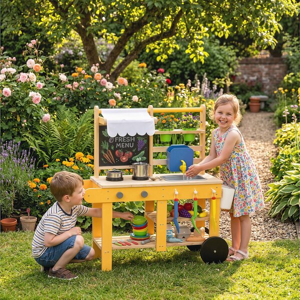 AIYAPLAY Cucina in Legno per Bambini con 15 Accessori, Cucina Giocattolo per Bambini, Gialla | Aosom Italy