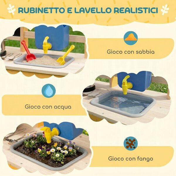 AIYAPLAY Cucina in Legno per Bambini con 15 Accessori, Cucina Giocattolo per Bambini, Gialla | Aosom Italy
