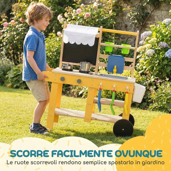 AIYAPLAY Cucina in Legno per Bambini con 15 Accessori, Cucina Giocattolo per Bambini, Gialla | Aosom Italy
