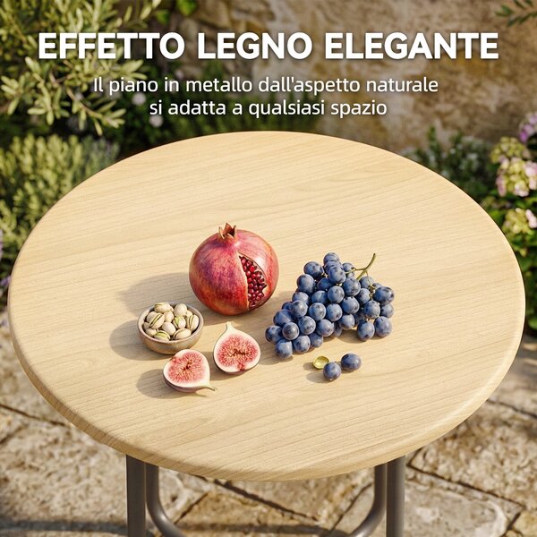 Outsunny Tavolino da Giardino Rotondo in Metallo, per Balcone e Terrazzo, Ø48x51 cm, Effetto Legno Naturale | Aosom Italy