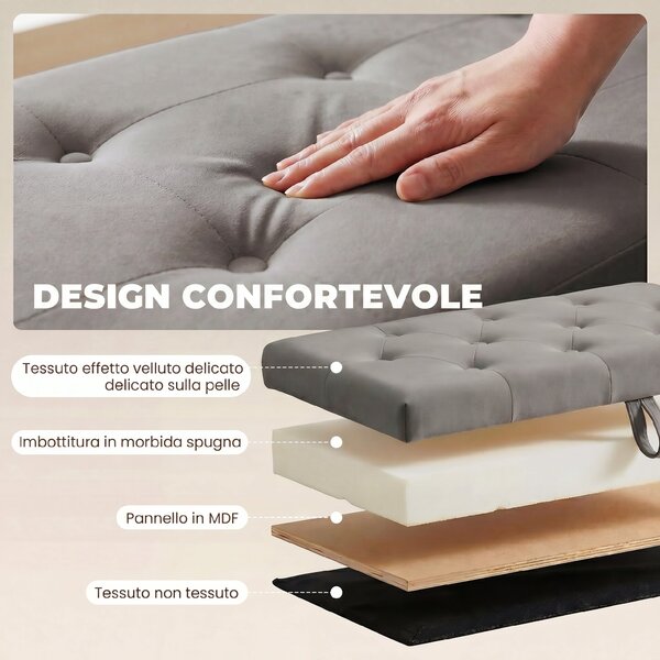 HOMCOM Cassapanca in Velluto140L con Seduta Ampia Imbottita, Capacità 240kg, Camera da Letto Soggiorno Ingresso, Grigio | Aosom Italy