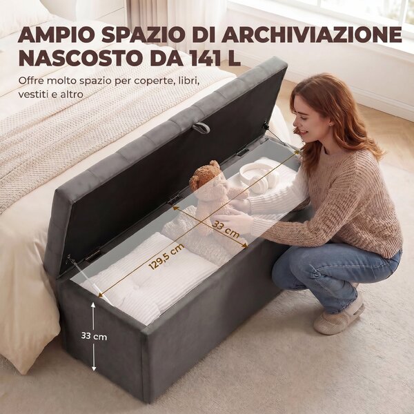 HOMCOM Cassapanca in Velluto140L con Seduta Ampia Imbottita, Capacità 240kg, Camera da Letto Soggiorno Ingresso, Grigio | Aosom Italy