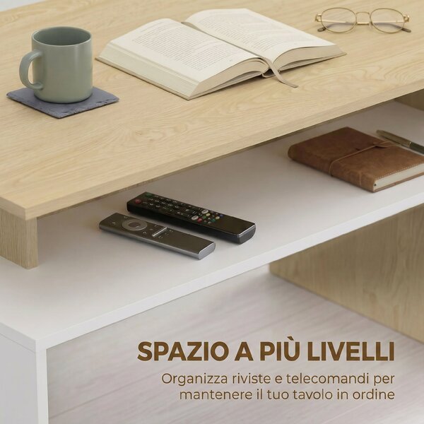 HOMCOM Tavolino Bicolore, Centrale con Mensola Sfalsata, Legno Naturale e Bianco | Aosom Italy