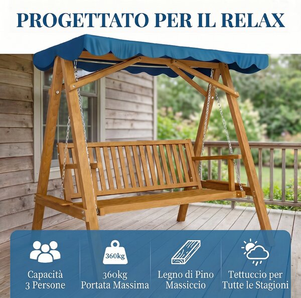 Outsunny Dondolo da Giardino Robusto 3 Posti in Legno con Tettuccio Impermeabile in PA, Dondolo in Legno, 200x 130x 185cm | Aosom Italy
