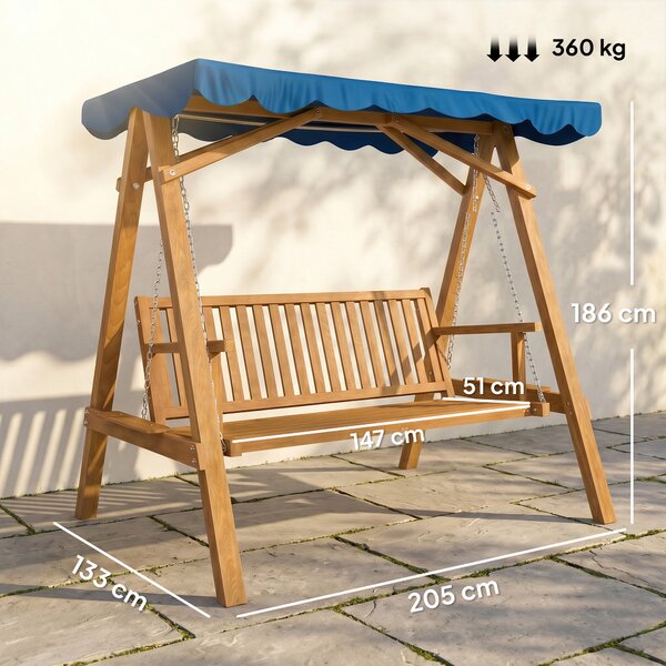 Outsunny Dondolo da Giardino Robusto 3 Posti in Legno con Tettuccio Impermeabile in PA, Dondolo in Legno, 200x 130x 185cm | Aosom Italy
