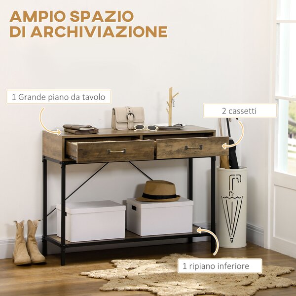 HOMCOM Tavolo Consolle da Ingresso Vintage in Metallo e Legno, Tavolino da Salotto e Soggiorno con 2 Cassetti e Mensola, Marrone|Aosom