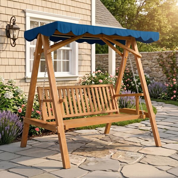 Outsunny Dondolo da Giardino Robusto 3 Posti in Legno con Tettuccio Impermeabile in PA, Dondolo in Legno, 200x 130x 185cm | Aosom Italy