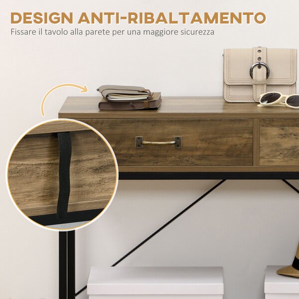 HOMCOM Tavolo Consolle da Ingresso Vintage in Metallo e Legno, Tavolino da Salotto e Soggiorno con 2 Cassetti e Mensola, Marrone|Aosom