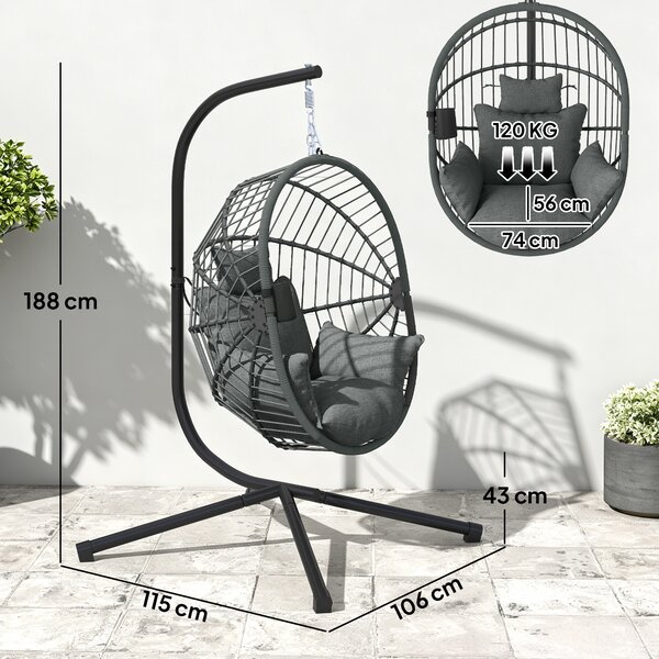 Outsunny Poltrona Sospesa a Uovo con Cuscino Imbottito e Cesto Pieghevole, 120x106x188 cm, Grigio | Aosom Italy