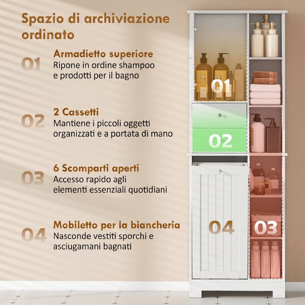 HOMCOM Armadietto da Bagno Bianco, Cesto Biancheria Inclinabile, Cassetti | Aosom Italy