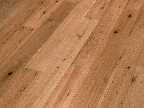 BASICfloor | 2.812 m² | Parquet in rovere marrone da 14 mm a listoni larghi, superficie piallata a mano, effetto rustico, parquet a incastro a 3 strati, trattato con olio naturale, strato di usura da 3 mm, pronto per la posa