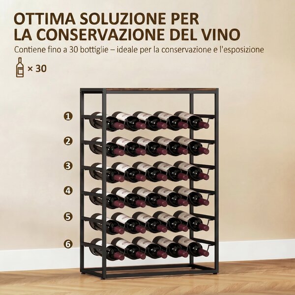 HOMCOM Portabottiglie da Terra per 30 Bottiglie con 6 Ripiani, Stile Industriale, Marrone Rustico | Aosom Italy