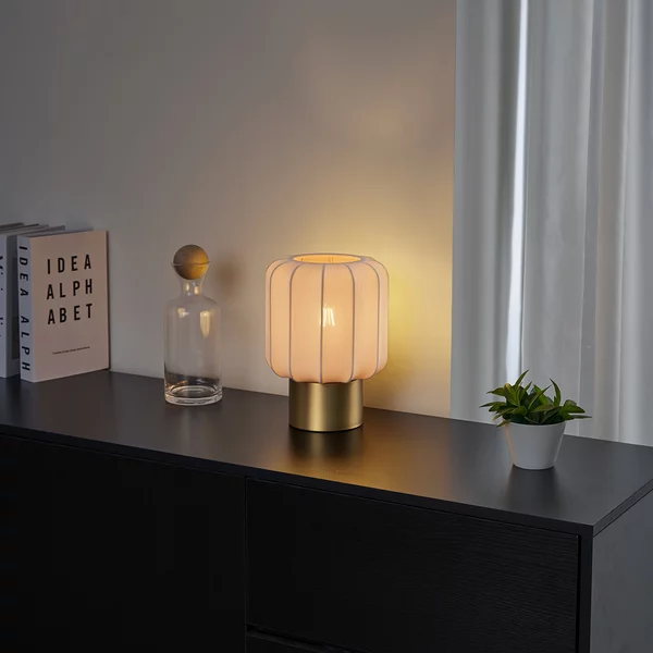 Lampada da tavolo Japandi oro con paralume beige - Pluni
