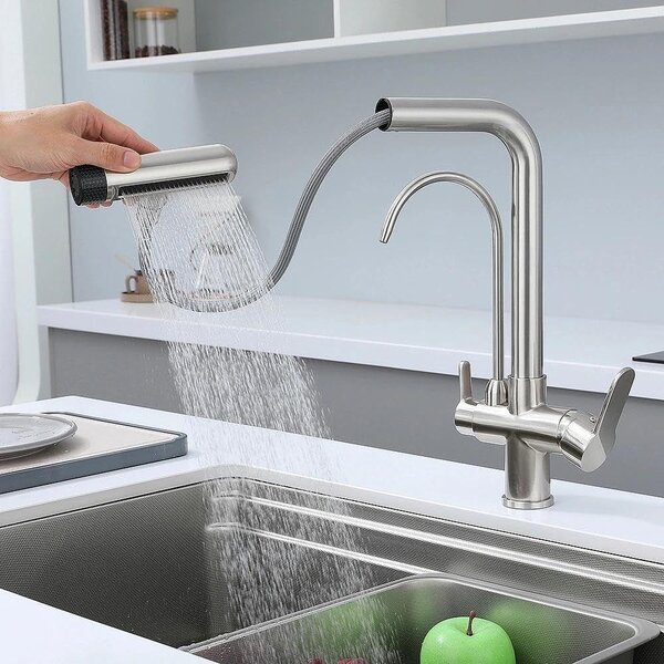 Rubinetto a tre vie con doccetta estraibile e uscita per acqua filtrata