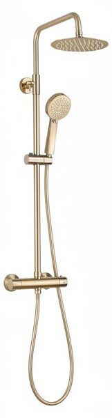 Set doccia termostatico, in ottone massiccio, composto da soffione principale e doccetta manuale, finitura ottone spazzolato