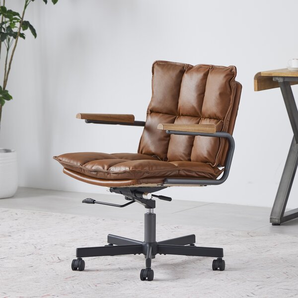 Sedia da scrivania in pelle, dal design ergonomico, con braccioli in legno di quercia, sedia girevole regolabile in altezza e dotata di rotelle, per una persona, ideale per l'ufficio domestico e lo studio