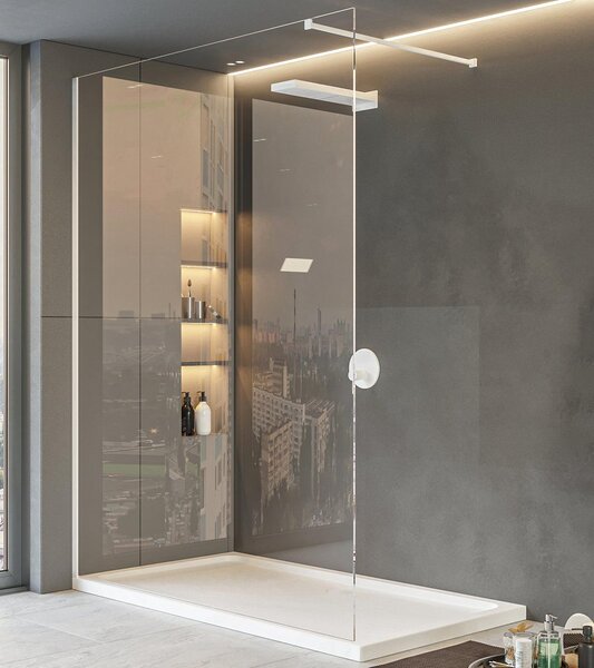 Walk in parete doccia fissa 140 cm vetro trasparente 8 mm H 200 cm bianco opaco