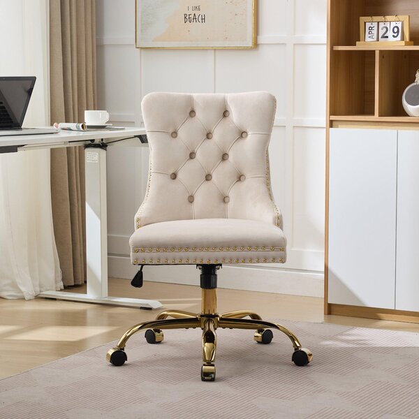 Poltrona da ufficio moderna in velluto color beige, girevole e regolabile in altezza, con cuciture a bottone e struttura in metallo dorato, per una persona, ideale come poltrona da trucco per l'ufficio domestico