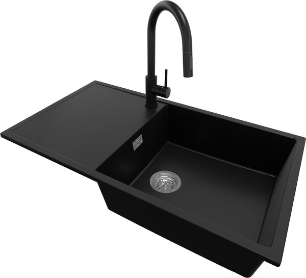 Lavello in granito PRIMAGRAN nero 90x50 cm, lavello a vasca singola + rubinetto da cucina 40x20 cm + set di scarico, lavello da cucina per mobili base da 60 cm - Ibiza