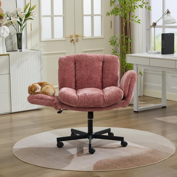 Sedia da ufficio in tessuto effetto velluto color rosa antico, girevole e regolabile in altezza, con seduta imbottita e braccioli regolabili, per uso domestico