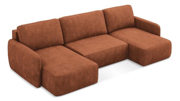 Divano angolare color terracotta allungabile/con contenitore (a U) con rivestimento in ciniglia Lilo – Makamii