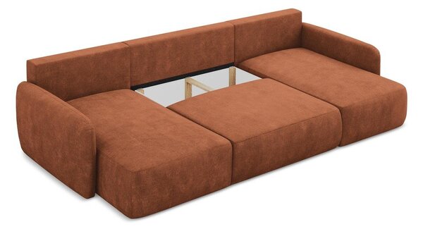 Divano angolare color terracotta allungabile/con contenitore (a U) con rivestimento in ciniglia Lilo – Makamii