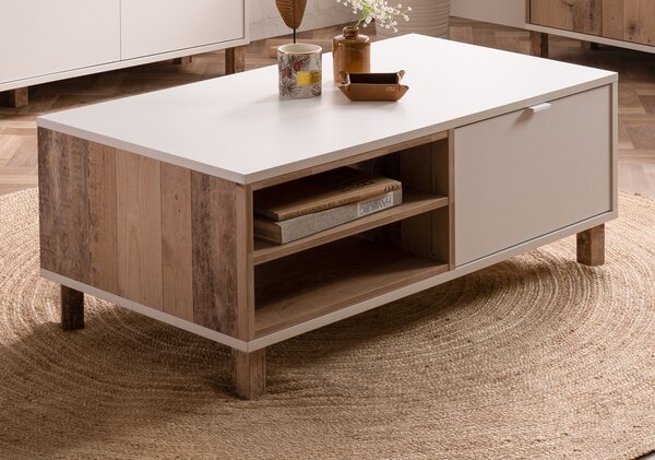 Tavolino Menorca in bianco e legno chiaro effetto vintage, 110 x 60 cm, con vano portaoggetti