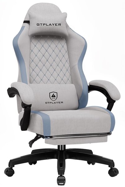 Sedia da gaming GTPLAYER, ergonomica, per PC. Tessuto traspirante, grande e alta, girevole, con poggiapiedi, colore grigio