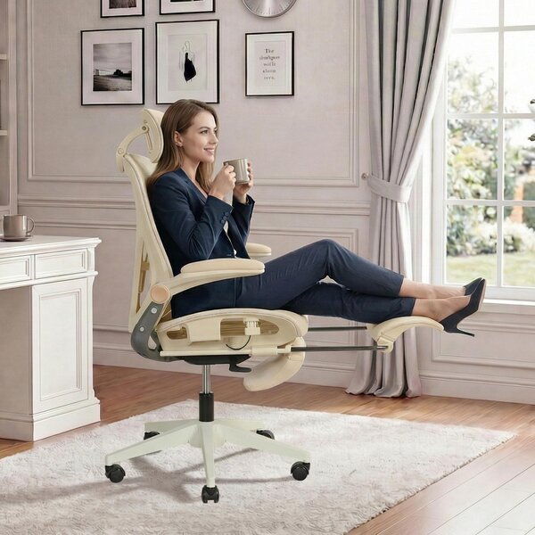 Sedia da ufficio pieghevole MODFU, sedia girevole con poggiatesta 3D, sedia a rete regolabile in altezza, poltrona relax con supporto lombare e funzione reclinabile, color crema