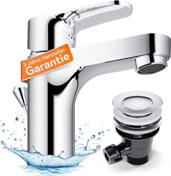 Miscelatore per lavabo CLAUDIO, miscelatore per lavabo con asta di comando, rubinetto per bagno con scarico a scomparsa, cromo