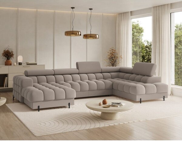 Divano angolare marrone chiaro allungabile (con penisola a destra/a U) con rivestimento in velluto Feraria – ELTAP