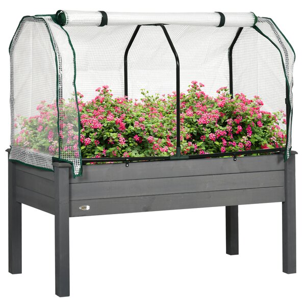 Outsunny Letto per Orto con Serra da Giardino, Portapiante da Esterno in Legno e PE, 121x55x117 cm, Grigio Scuro | Aosom Italy