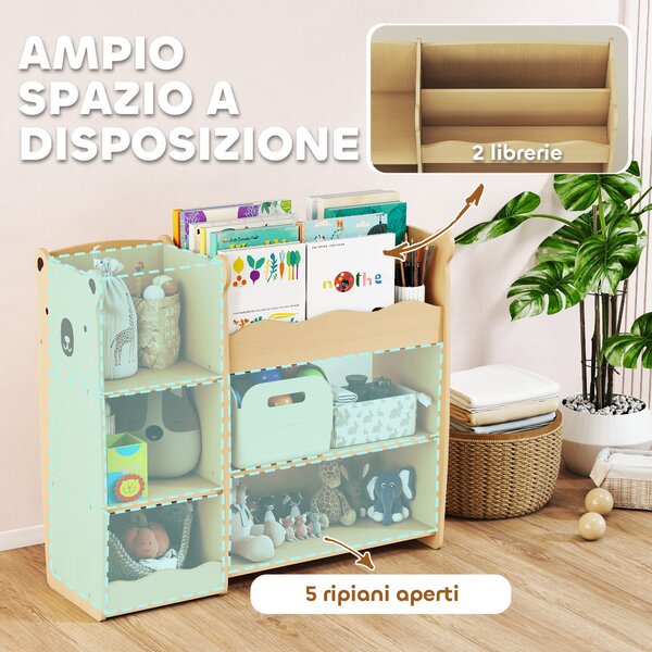 AIYAPLAY Scaffale Portagiochi per Bambini 3-8 Anni con Ripiani Aperti e Scomparti, in Legno, 92x29x79 cm, color Legno | Aosom Italy