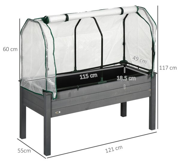 Outsunny Letto per Orto con Serra da Giardino, Portapiante da Esterno in Legno e PE, 121x55x117 cm, Grigio Scuro | Aosom Italy