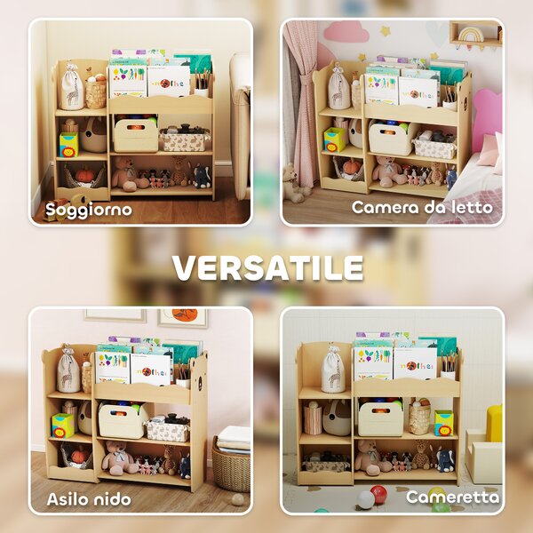 AIYAPLAY Scaffale Portagiochi per Bambini 3-8 Anni con Ripiani Aperti e Scomparti, in Legno, 92x29x79 cm, color Legno | Aosom Italy