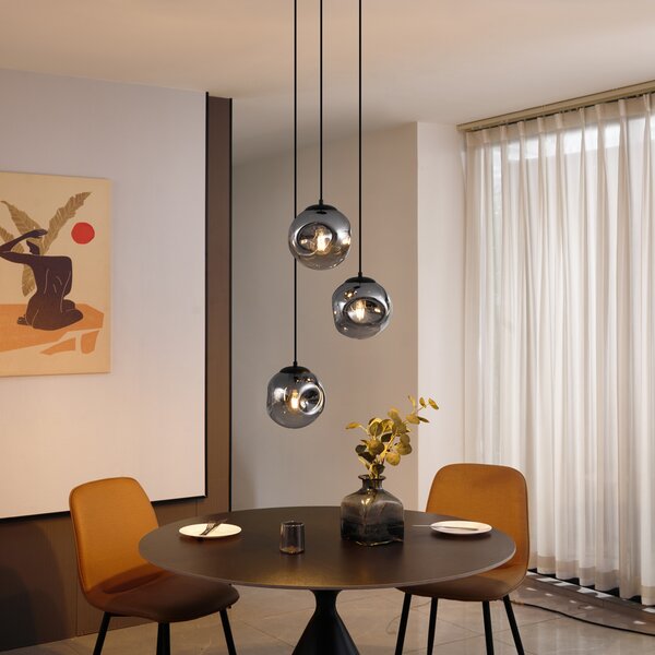 Lampada a Sospensione Art Déco Nera con Vetro Fumè a 3 Luci - Douglass