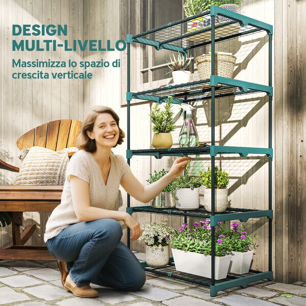 Outsunny Portapiante a 5 Livelli Aperti in Acciaio e Plastica, 67x49x138 cm, Verde Scuro | Aosom Italy