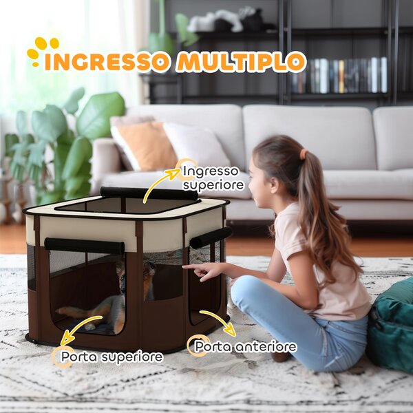 PawHut Box per Animali con 6 Finestre, 3 Porte e 2 Borse Portaoggetti, Poliestere e Acciaio, 74x60x45 cm, Marrone | Aosom Italy